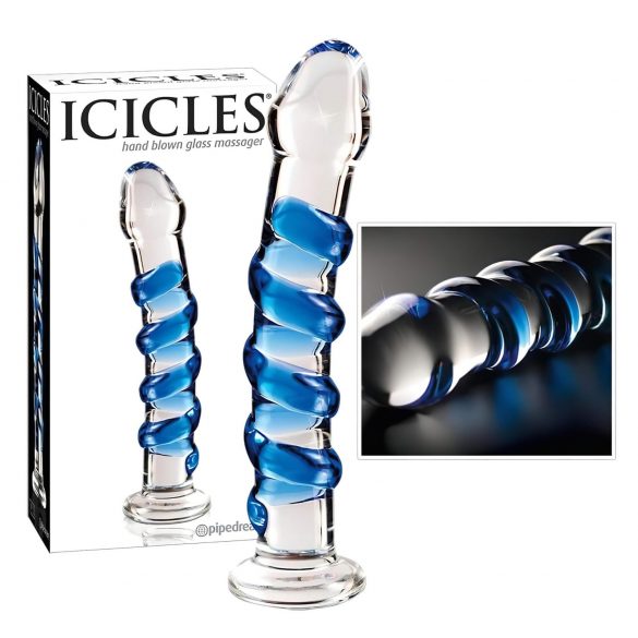 Icicles Nr. 5 - spiralinis stiklinis dildo (skaidrus-mėlynas)