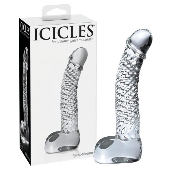 Icicles No. 61 - stiklinis dildo su sėklidėmis ir peniu (skaidrus)