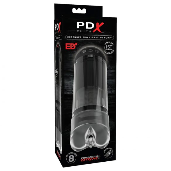 PDX Elite Extender Pro - akumuliatorius siurblio-vibruojanti dirbtinė vagina (juoda)