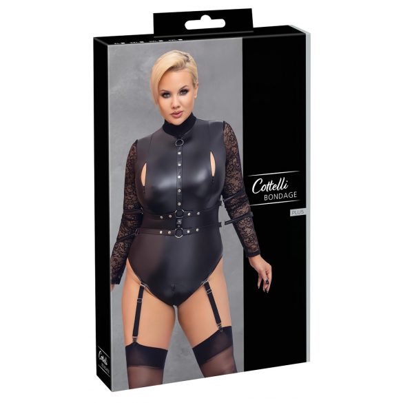 Cottelli Bondage Plus Size - nėriniuotos rankovės kūno apranga (juoda)