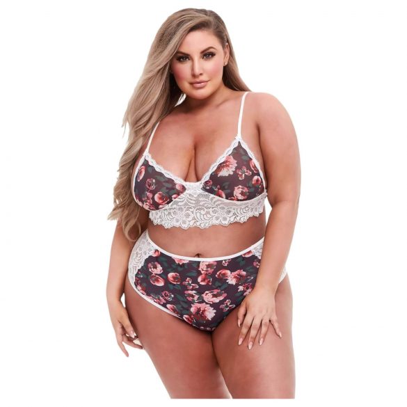 Baci Plus Size - gėlių, nėrinių liemenėlės komplektas, aukštu juosmeniu